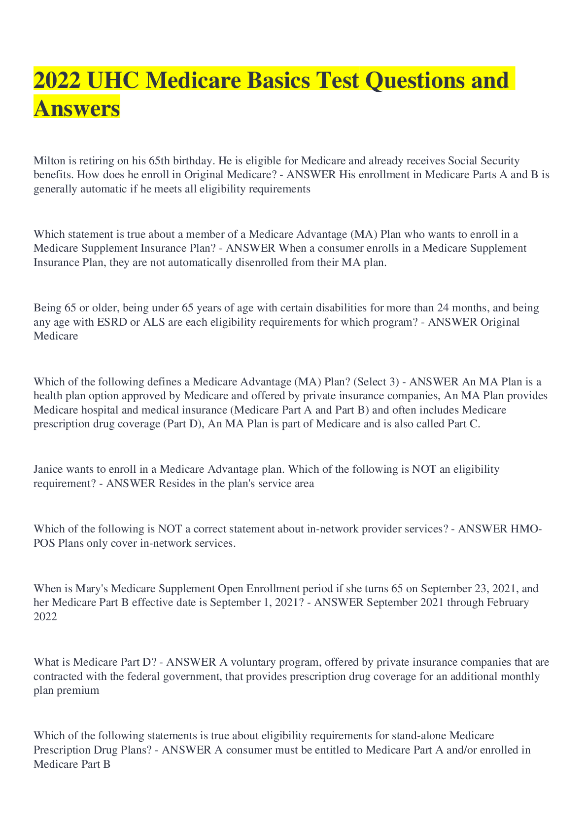 Preview of 2022 UHC Medicare Basics Test Questions and Answers